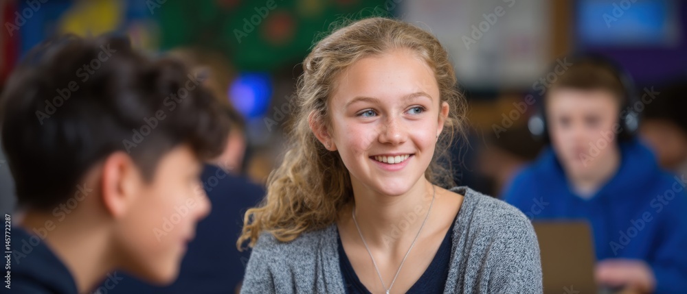 Smiling girl engaged in conversation in a classroom setting.