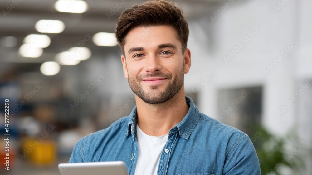 Confident man holding tablet in modern workspace.