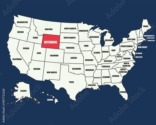 USA map with state names, highlighting Wyoming, perfect for geography, education, and travel-themed designs.