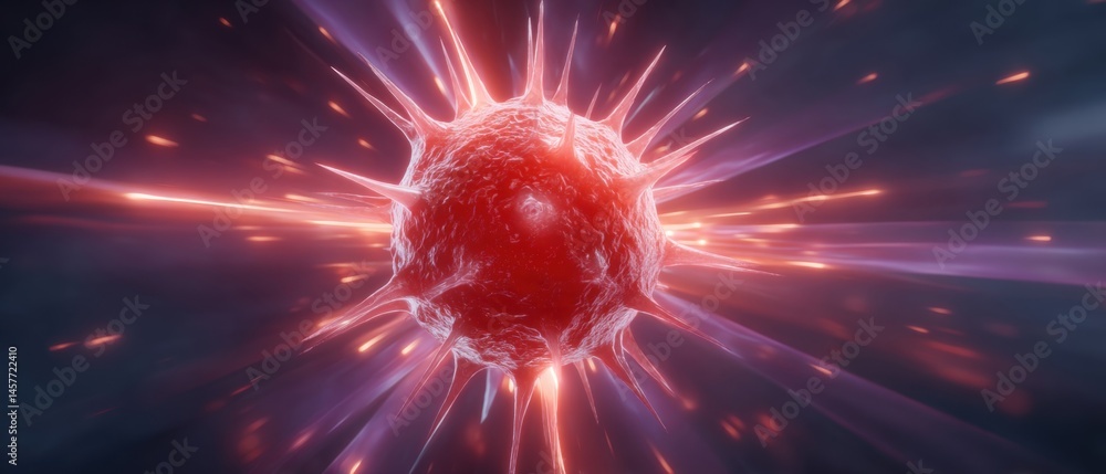 Abstract representation of a virus with vibrant colors and spikes.