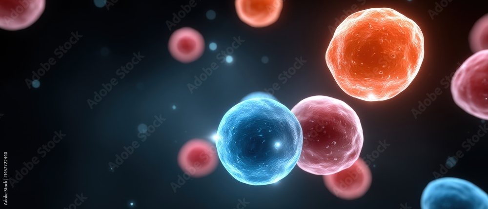 Microscopic view of colorful cells in a dark background.
