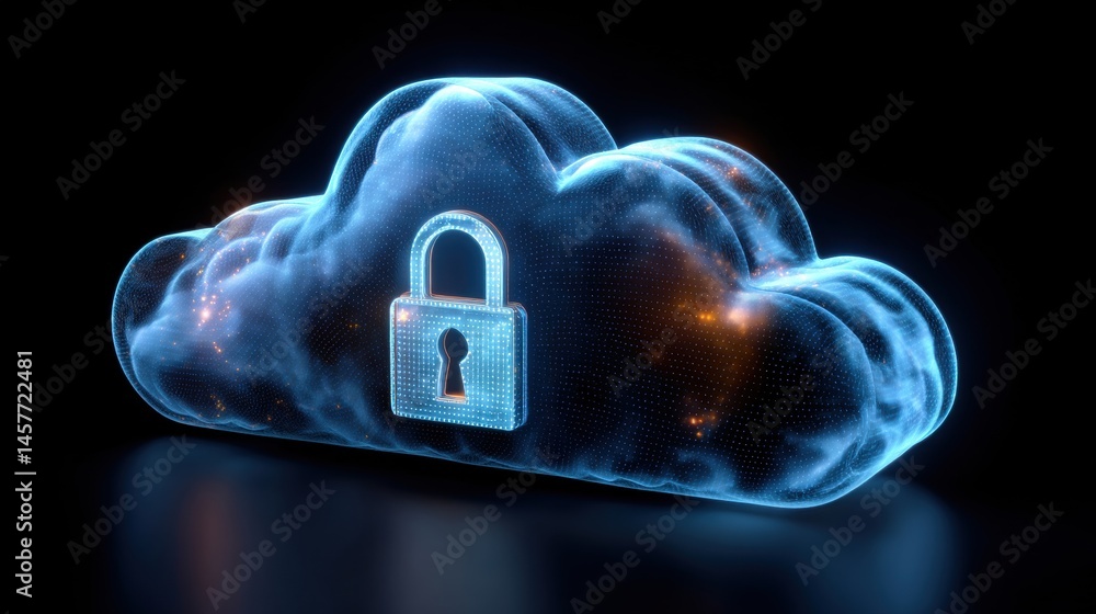 Digital cloud with a secure lock symbolizing data protection.