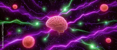 Obraz na płótnie Vivid illustration of a brain surrounded by electric energy and stars. w salonie