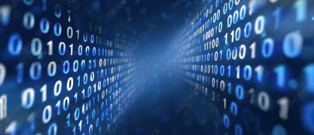 Digital binary code represented in a futuristic perspective.