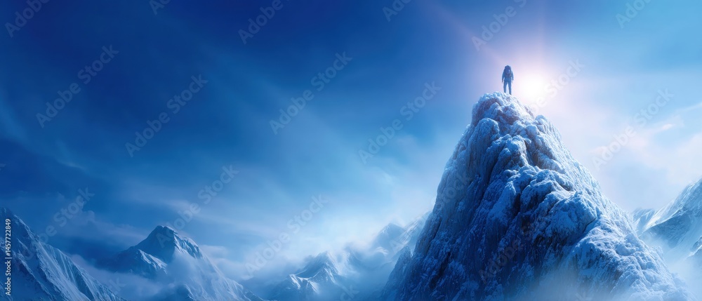 Majestic mountain peak with a climber at sunrise.