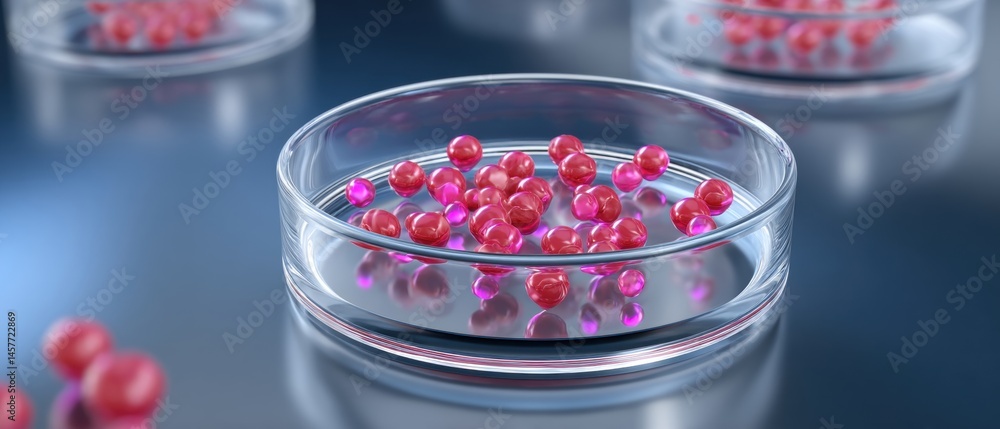 Petri dish with pink spheres on a reflective surface.