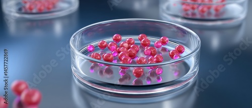 Obraz na płótnie Petri dish with pink spheres on a reflective surface. w salonie