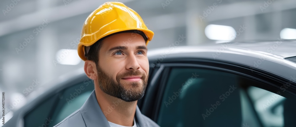 Confident man in a hard hat smiling near a car.