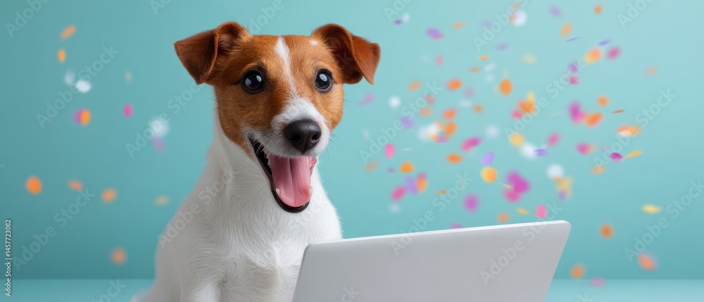 Happy dog with a laptop surrounded by colorful confetti.