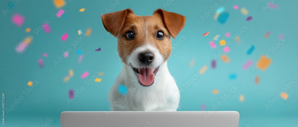 Happy dog with confetti celebrating in front of a laptop.