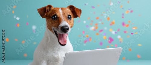 Obraz na płótnie Happy dog with a laptop surrounded by colorful confetti. w salonie