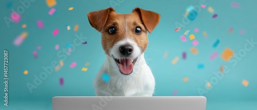 Obraz na płótnie Happy dog with confetti celebrating in front of a laptop. w salonie
