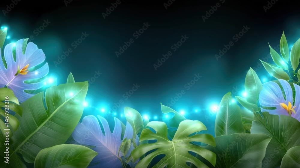 Lush tropical leaves with glowing lights in a dark background.