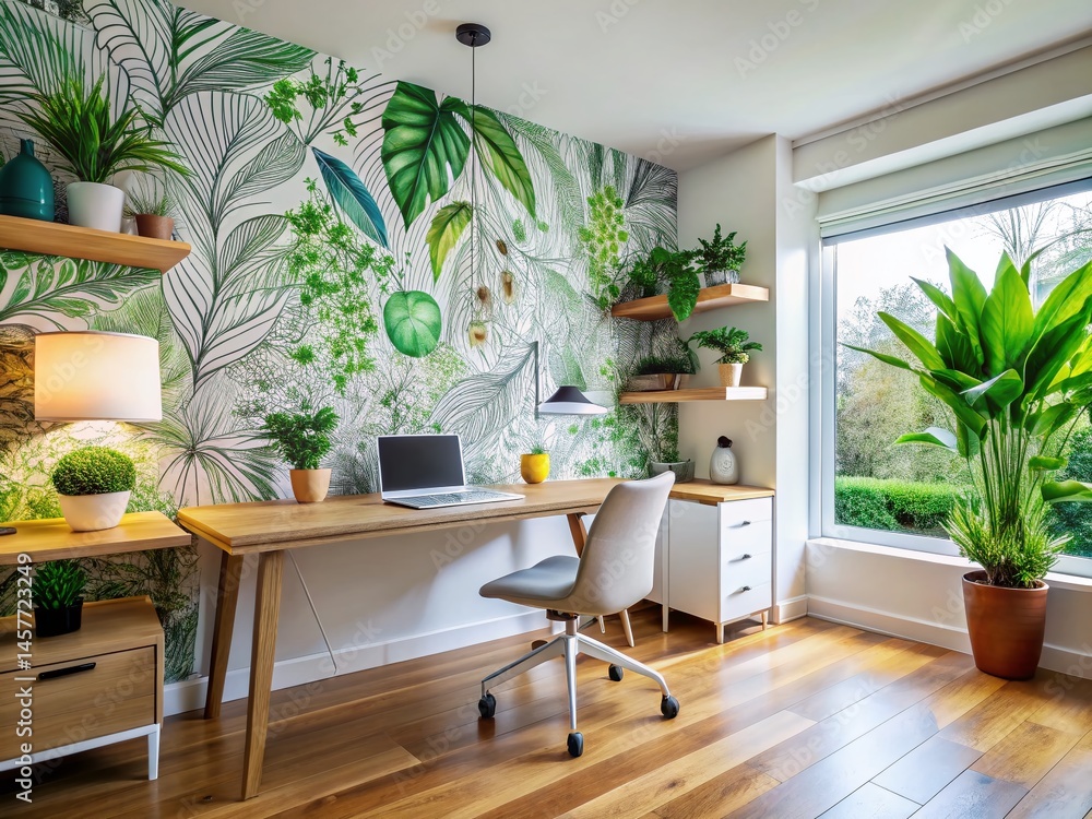 Fototapeta premium Home Office Makeover: Creative Nature Doodle Wall Decor & Architectural Details