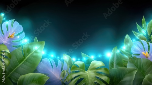 Lush tropical leaves with glowing lights in a dark background.