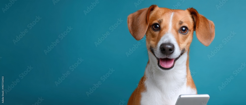 Happy dog holding a smartphone against a blue background.
