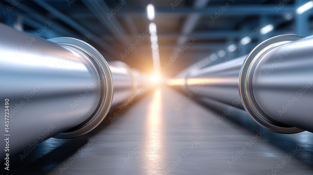 Metal pipes leading towards a bright light in an industrial setting.