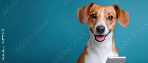 Obraz na płótnie Happy dog holding a smartphone against a blue background. w salonie