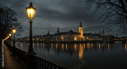 European City Night River Lights Lamppost Reflection Clock Tower
