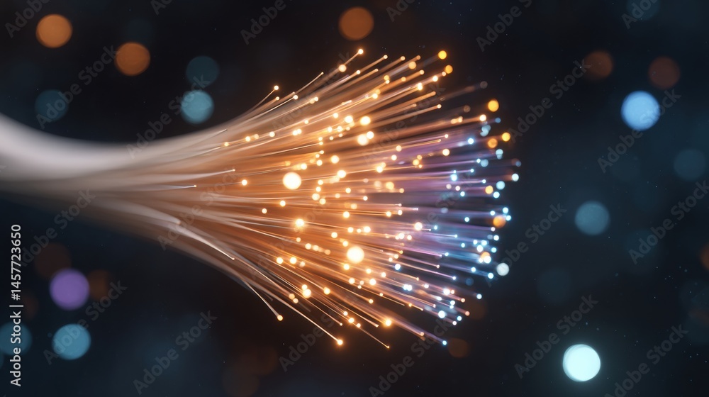 Vibrant fiber optic strands emitting colorful light particles.
