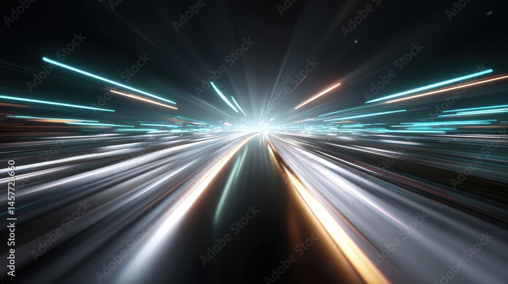 Dynamic light trails conveying speed and motion in a dark setting.