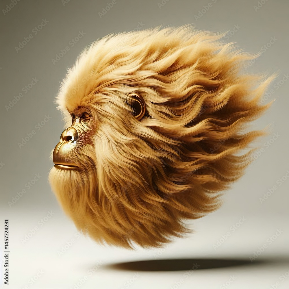 Naklejka premium a 3d floating, ultra-plush gold Ape head with long, luxurious fur, hovering slightly above a clean white surface