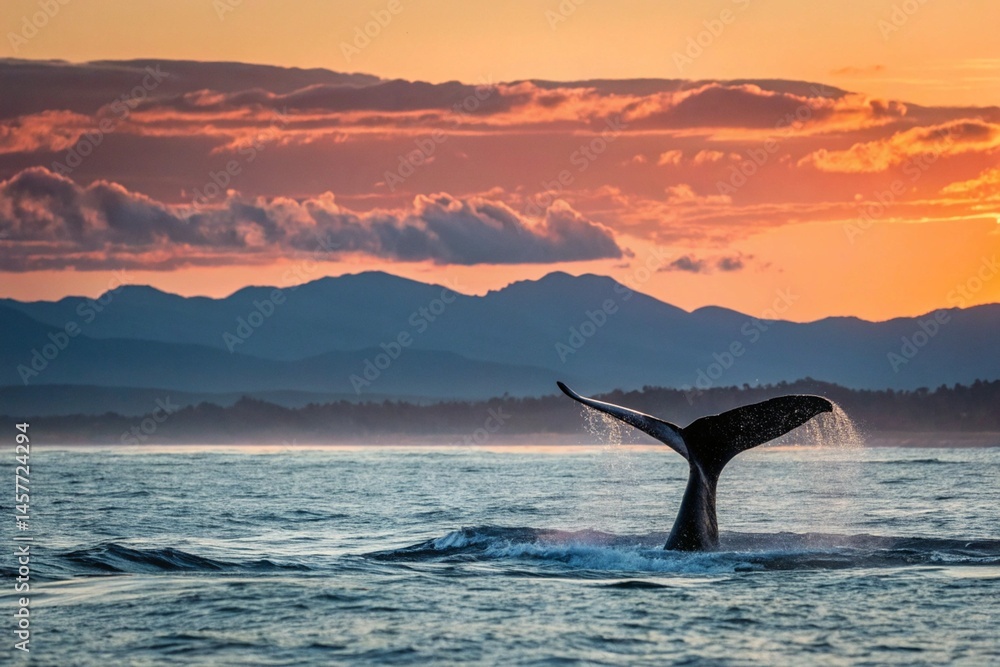 Obraz premium Whale Tail Silhouette at Sunset Ocean Landscape - generated by ai