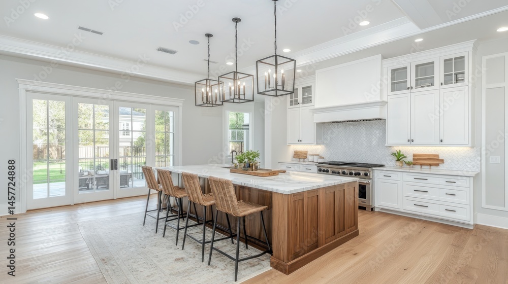 Spacious, modern kitchen with an island and large windows. Spacious, modern kitchen with an island and large windows.