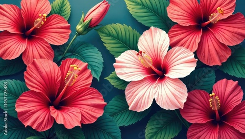 Wallpaper Mural Bold vibrant hibiscus blooms, tropical seamless print, flowers, jungle Torontodigital.ca