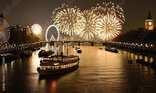 Fireworks over London River at Night. The fireworks display on New Year's Eve was very beautiful.