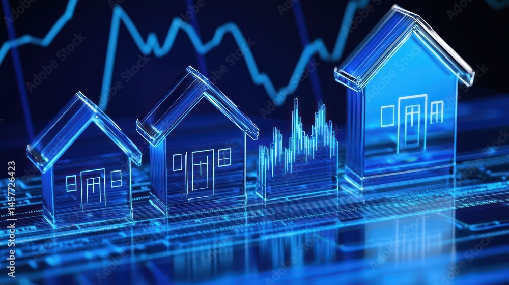 Glass house growth with blue graph on market