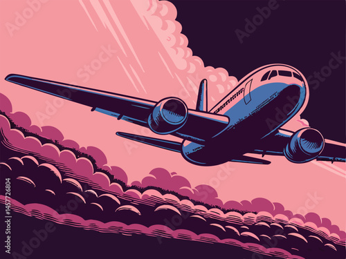 Airplane Flying Above Clouds, Air Travel Vector Illustration