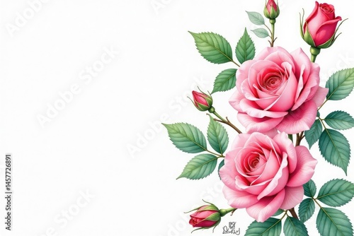Delicate watercolor roses, intertwined leaves & buds, pattern, leaves