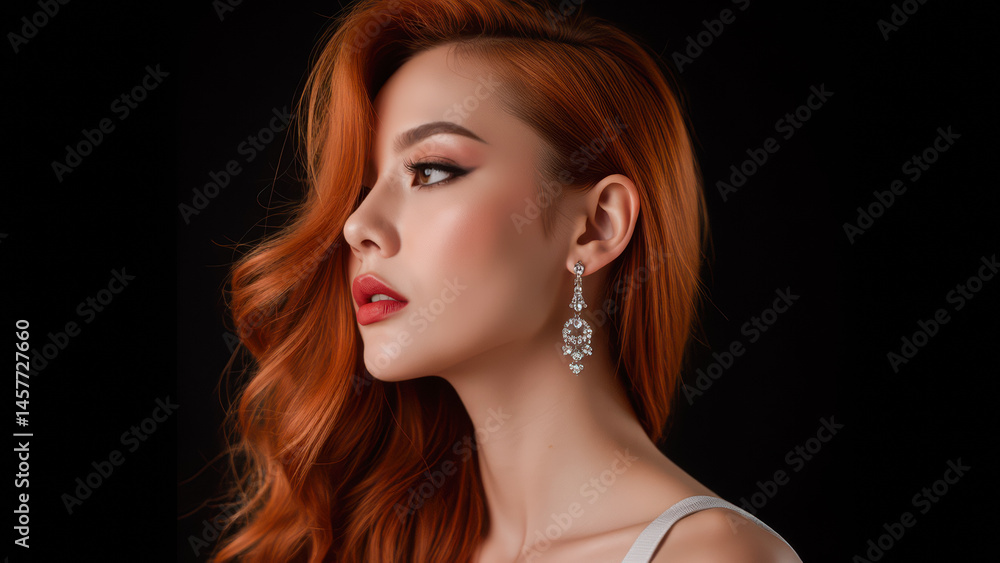 Fototapeta premium Elegant Portrait of a Woman with Stunning Jewelry Against a Dark Background