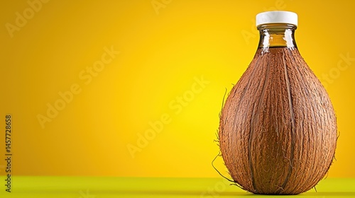 Brown Coconut Shaped Bottle of Coconut Water on Yellow Background photo