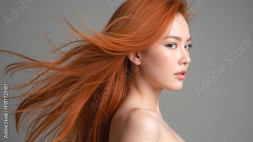Elegant Profile of Woman with Flowing Orange Hair Against Neutral Gray Background