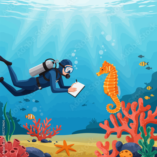 Diver Studying Seahorse Underwater in Ocean Habitat with Coral Reef