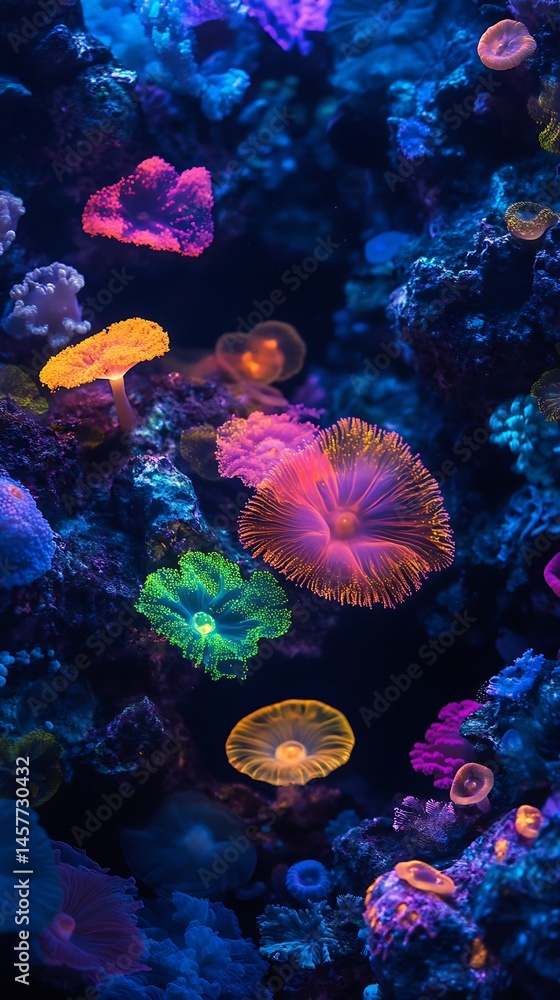 Fototapeta premium Bioluminescent coral polyps in vibrant orange, green, pink and purple thrive within a mesmerizing underwater reef