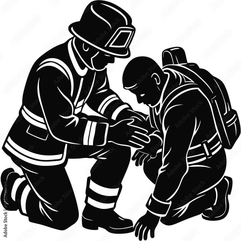 Firefighter vector Silhouette illustration Firefighter kneeling while checking pulseFirefighter kneeling while checking pulse Firefighter vector Silhouette illustration Firefighter kneeling while checking pulseFirefighter kneeling while checking pulse