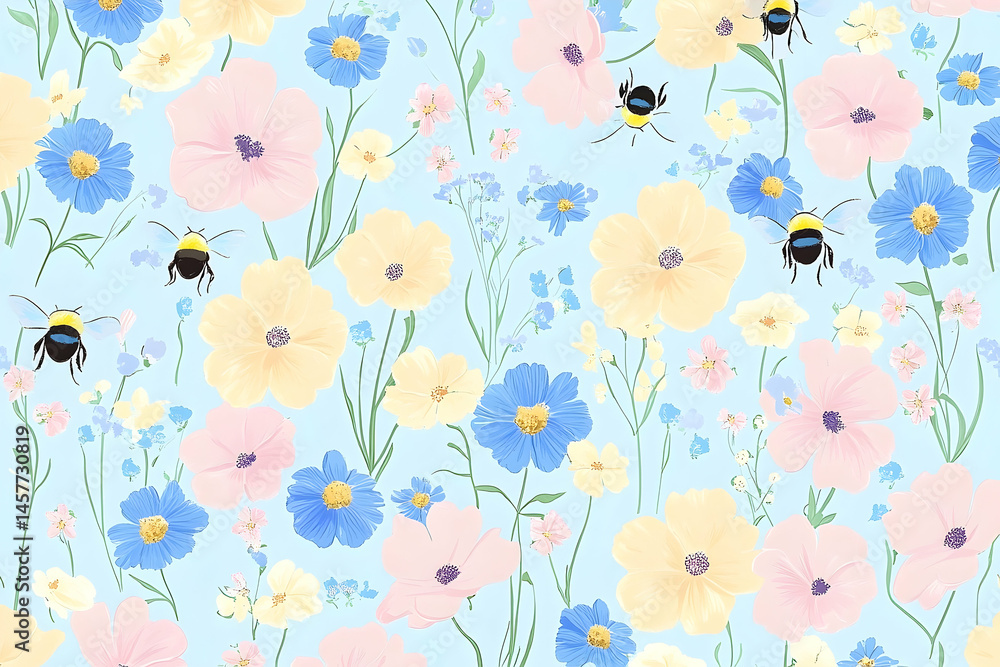 Fototapeta premium Delicate floral pattern with pastel hues and buzzing bees.