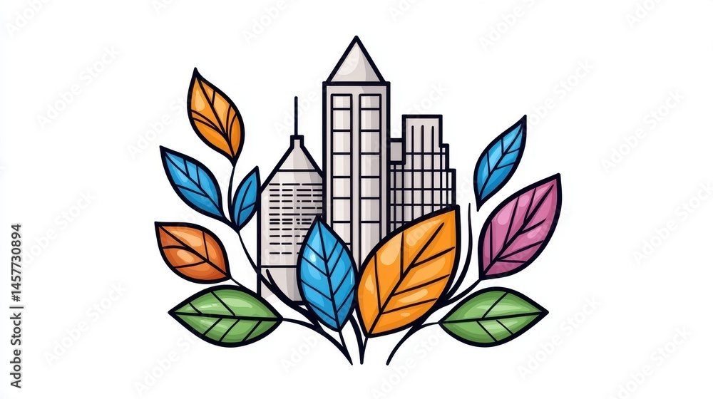 Naklejka premium Cityscape Buildings Nestled in Colorful Leaves Urban Architecture Illustration Design