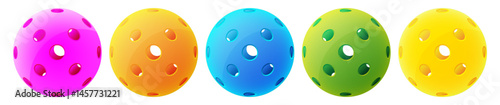 Set of pickleball ball multiple colors collection pink, orange, blue, green, yellow 3D realistic vector illustration icon symbol clipart png isolated transparent background.