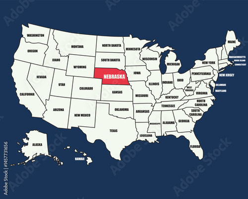 USA map with state names, highlighting Nebraska, ideal for geography, education, and travel-themed designs.