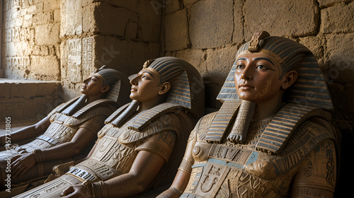 Ancient Egyptian sarcophagi with painted faces in tomb