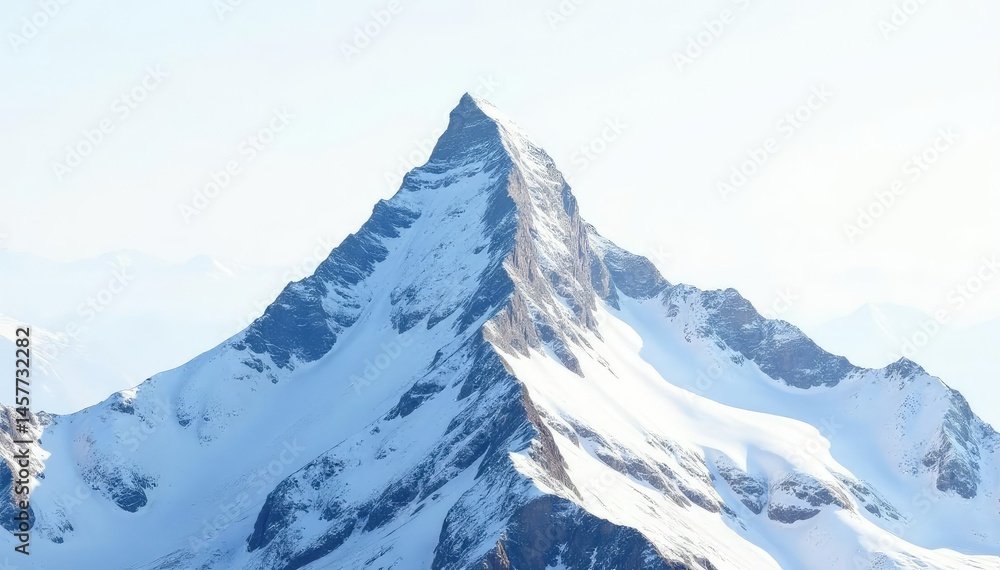 Snow-covered mountain peak against a bright white sky, majestic mountain, white landscape Snow-covered mountain peak against a bright white sky, majestic mountain, white landscape