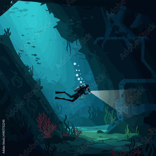 Scuba Diver Exploring Underwater Cave with Light Rays and Fish