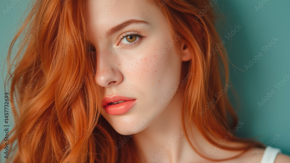 Fototapeta premium Young Woman with Red Hair and Freckles Posing Against a Turquoise Background