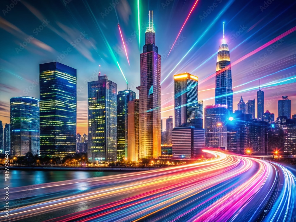 Fototapeta premium Long Exposure Light Trails on Cityscape: Business Flyer Template Design