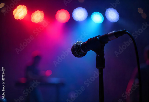 Microphone on Stage with Performers in Background