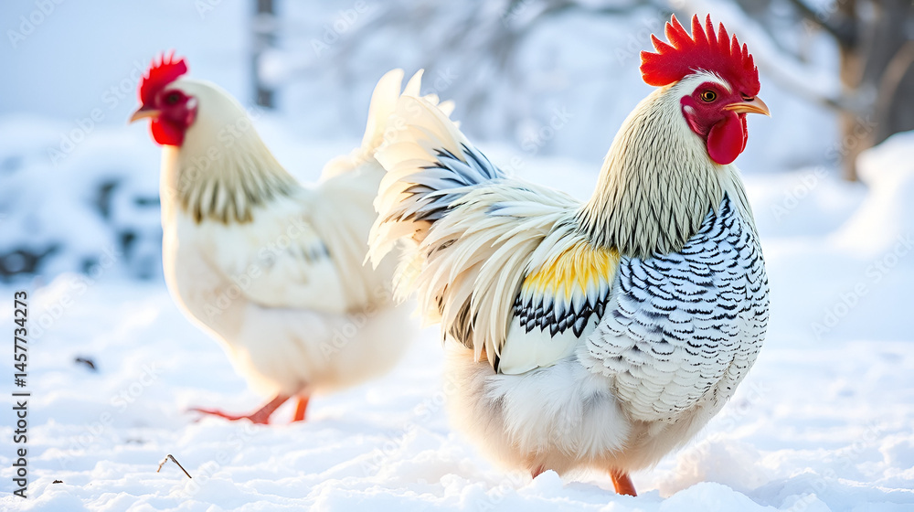 Fototapeta premium Wyandotte Hen in Winters Soft Glow, Feathers Ruffled and Bold against a Snowy Backdrop, Showcasing Majestic Beauty and Grace